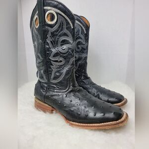 Texas Country Western Exotic Ostrich  Black Square Toe Mens Boots Shoes Size 5